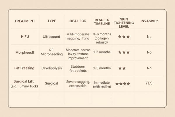 Table showing the comparisons of Skin tightening Greater London (Waltham Forest) treatment options. 